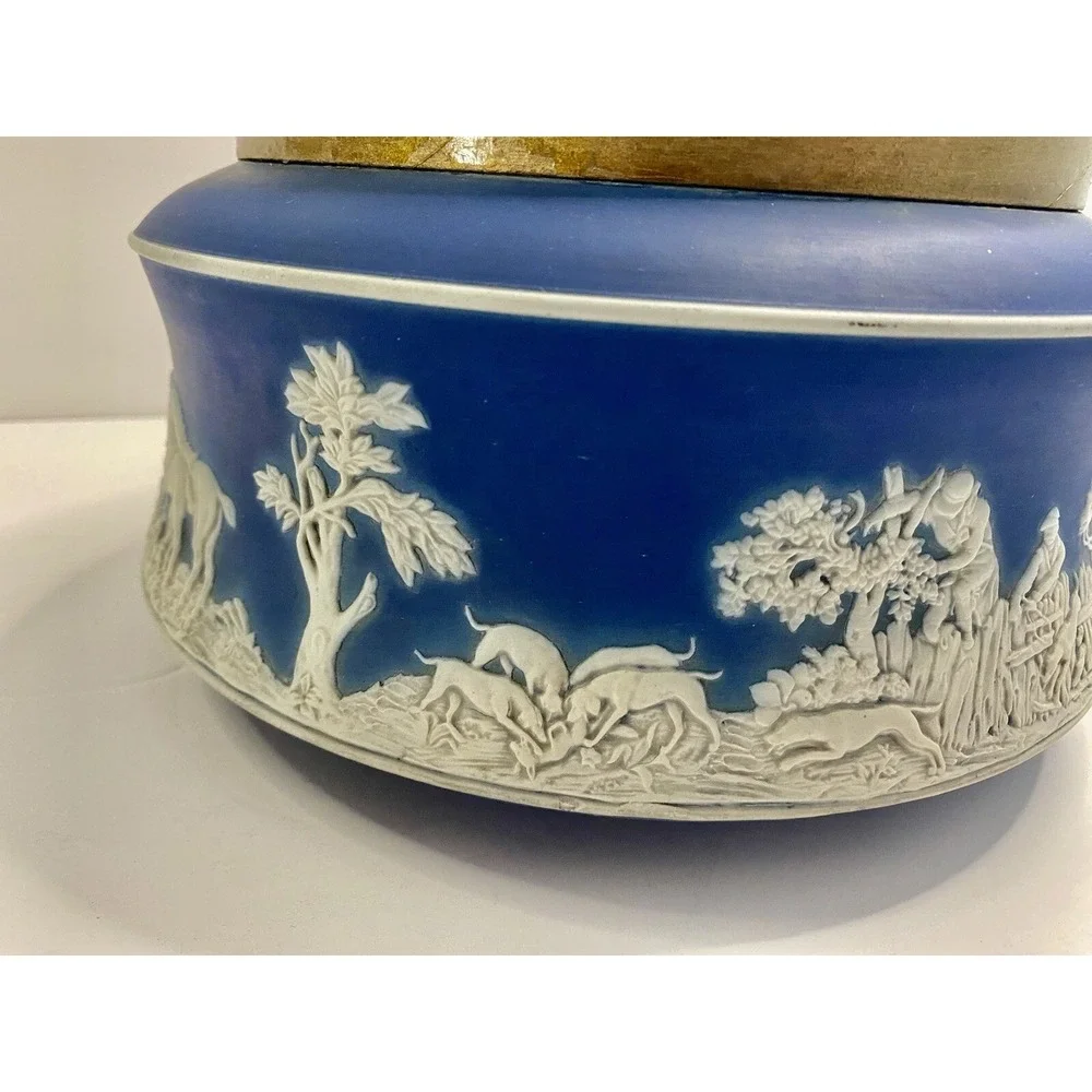 Antique Adams Tunstall Dark Blue Jasperware Bowl Dish Dogs Horses Scene See Pics